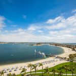 Wide angle aerial photo of San Diego Mission Bay and Mission Beach in the summer.